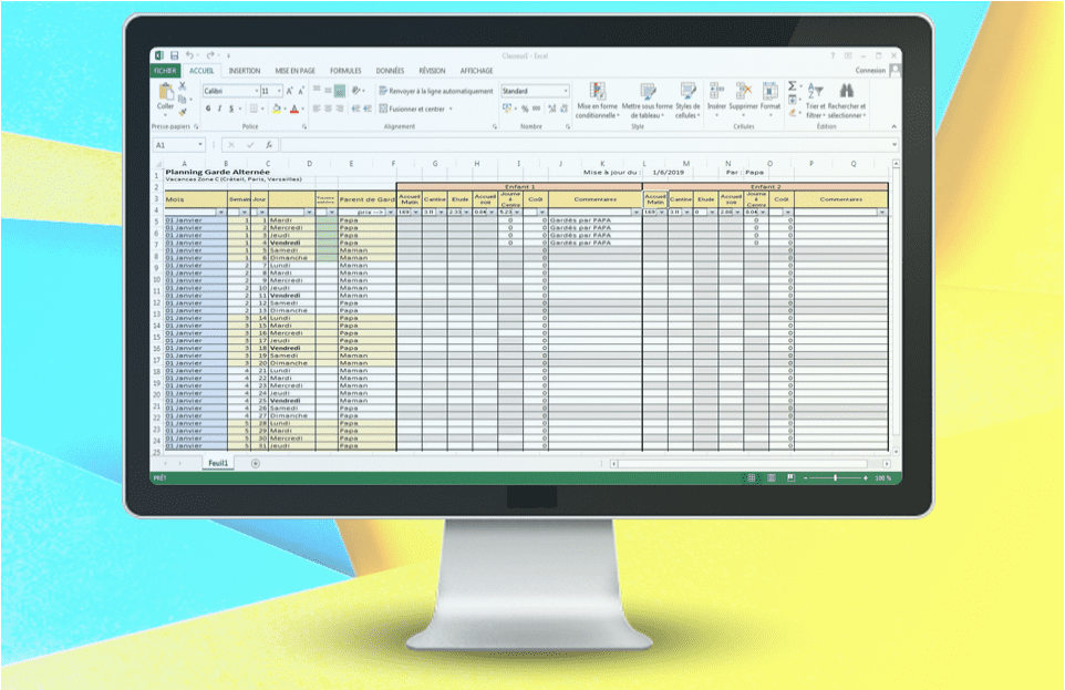 Application Excel pour la gestion de planning garde alternée