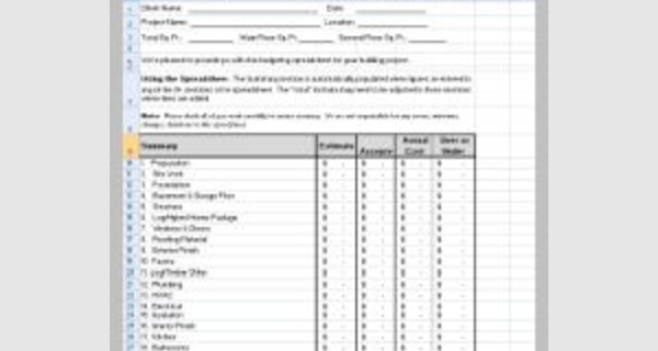Excel spreadsheet template for building a house