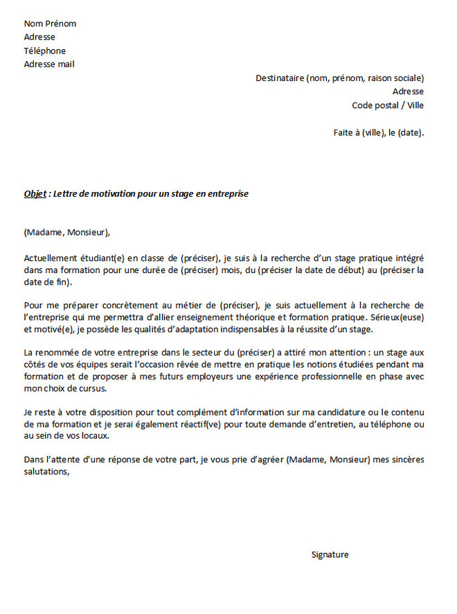 Lettre De Motivation Pour Une Demande De Stage Mod les Word Lettre De Motivation Pour Une Demande De Stage Mod les Word