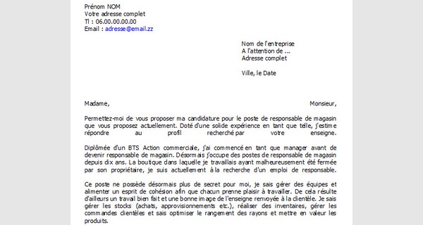 Lettre de motivation pour le poste de responsable magasin