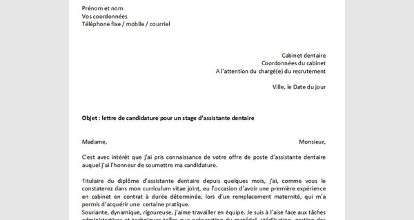 Lettre de motivation candidature pour le poste d'assistant dentaire