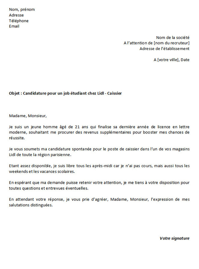 Lettre De Motivation Pour Un Job tudiant Chez Lidl Mod les Word