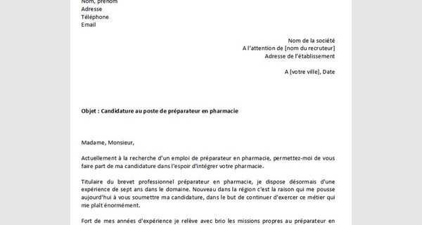 Lettre de motivation pour la candidature au poste de préparateur en pharmacie