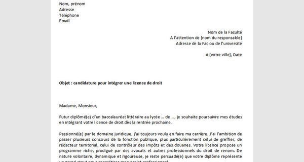 Lettre de motivation pour intégrer une licence de droit