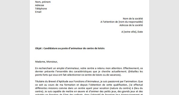 Lettre de motivation pour la candidature au poste d’animateur de centre de loisirs