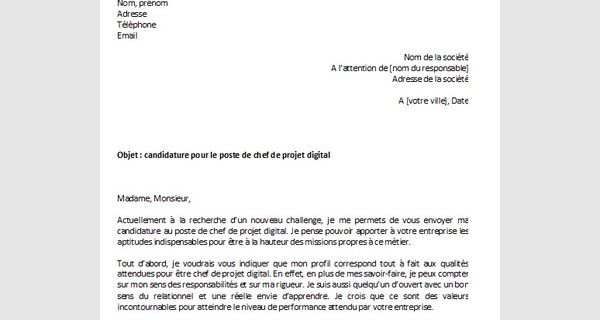 Lettre de motivation pour le poste de chef de projet digital