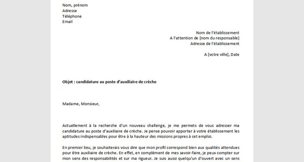 Lettre de motivation pour la candidature au poste d'auxiliaire petite enfance