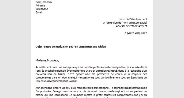 Lettre de motivation changement de région