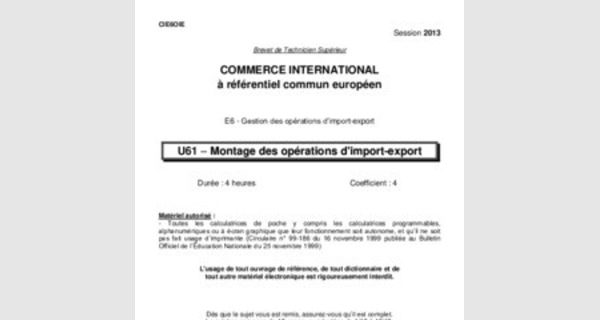 Examen de commerce international : montage des operations d'import export session 2013