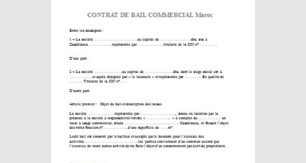 Modele complet de contrat bail commercial maroc