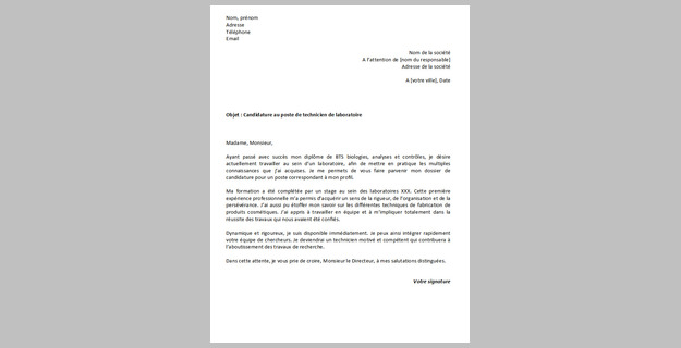 Lettre de motivation pour le poste de technicien de laboratoire