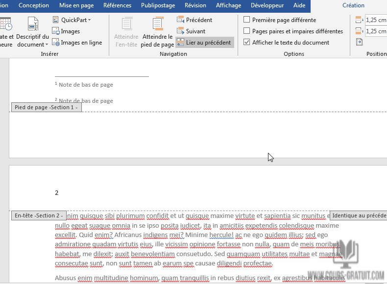 Tutoriel Word entete et pied de page